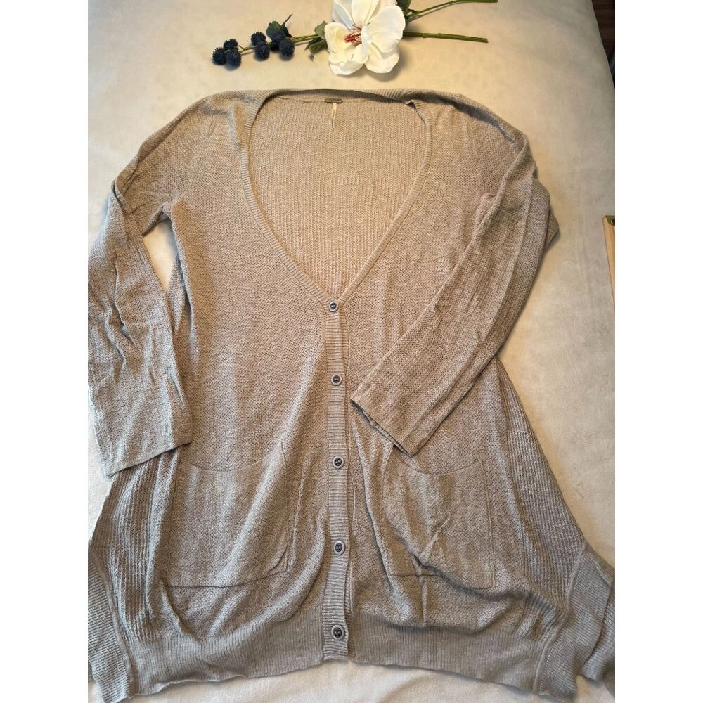 Free People Y2K Comfy Beige Long Knit Cardigan Pockets Bell sleeves BoHo Sz M